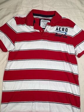 Aeropostale Red and White Striped Polo with Navy Accent